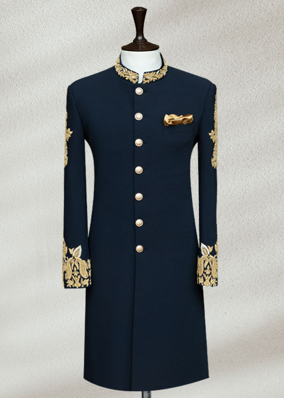 Blue Sherwani with Collar and Sleeve Embroidered