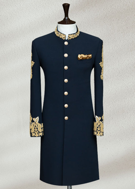 Blue Sherwani with Collar and Sleeve Embroidered