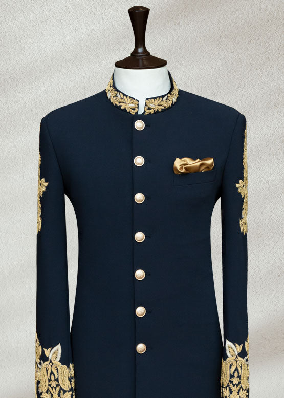 Blue Sherwani with Collar and Sleeve Embroidered