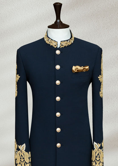 Blue Sherwani with Collar and Sleeve Embroidered