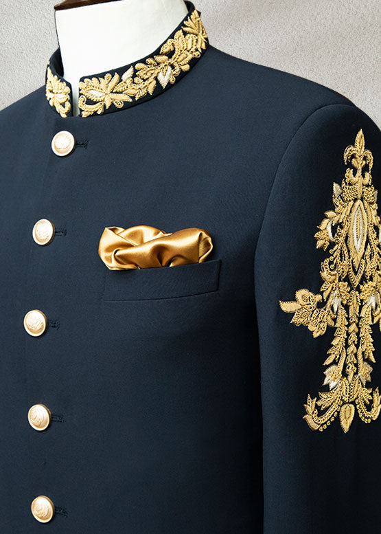 Blue Sherwani with Collar and Sleeve Embroidered