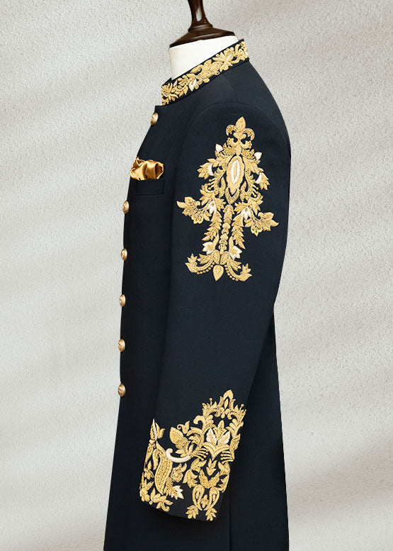 Blue Sherwani with Collar and Sleeve Embroidered