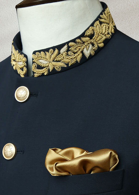 Blue Sherwani with Collar and Sleeve Embroidered