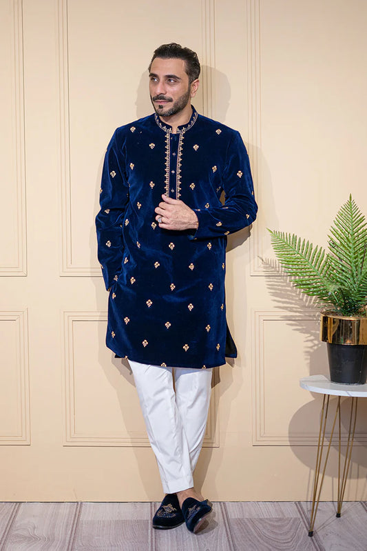 Blue Velvet All Over Embroidered Kurta