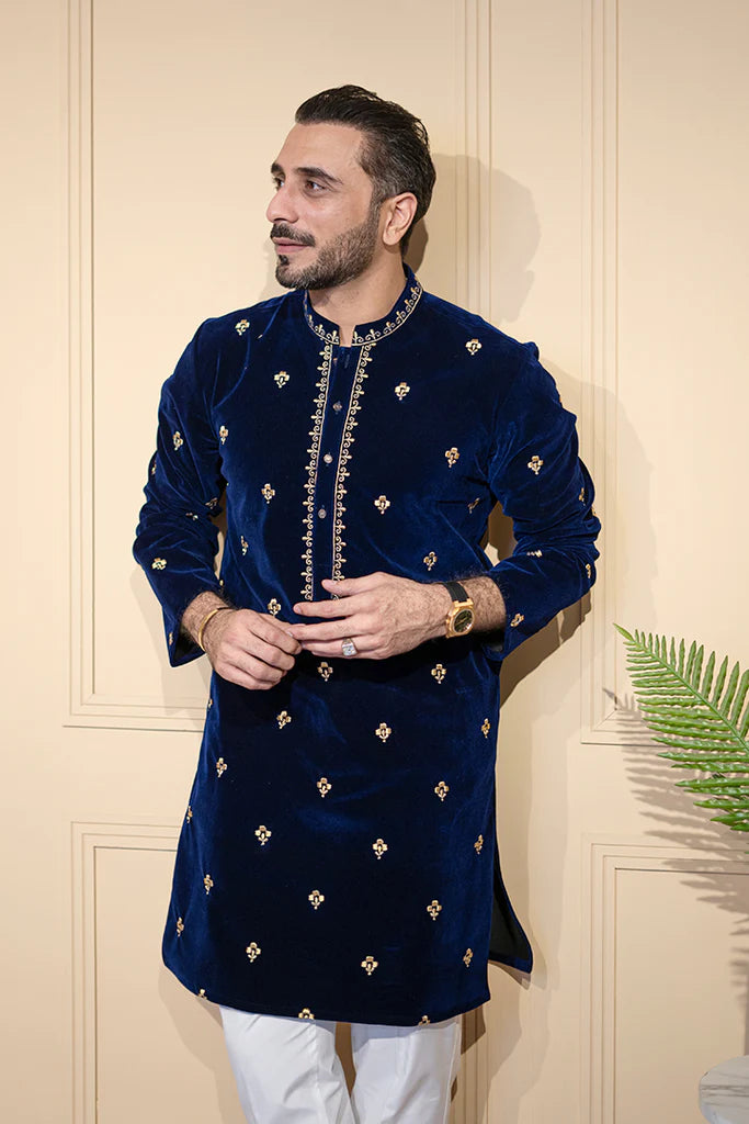 Blue Velvet All Over Embroidered Kurta