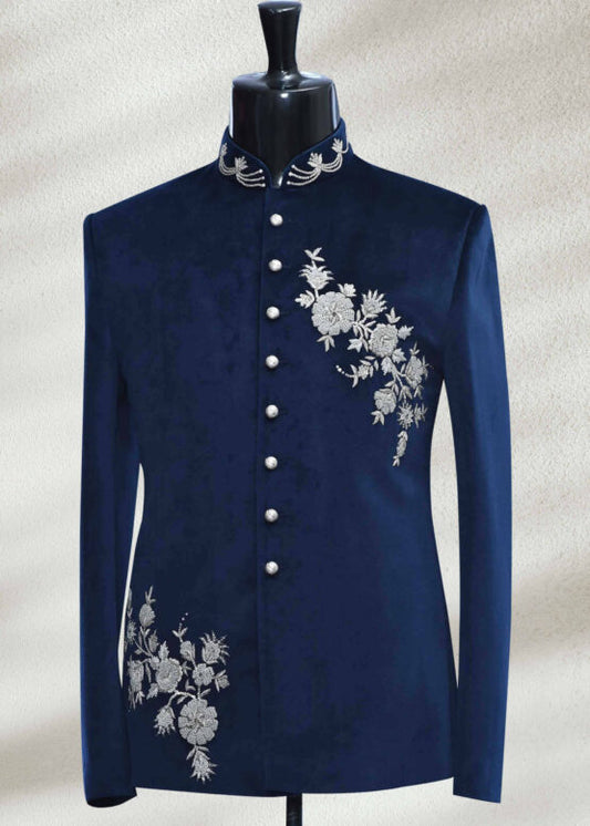 Blue Velvet Bandhgala with Hand Embroidery