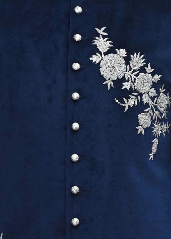 Blue Velvet Bandhgala with Hand Embroidery