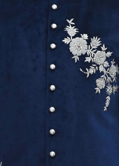 Blue Velvet Bandhgala with Hand Embroidery