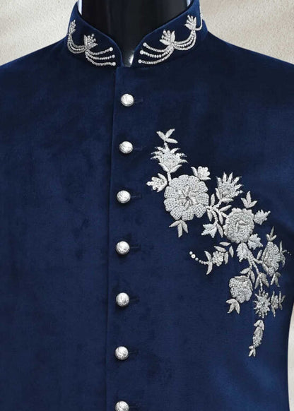 Blue Velvet Bandhgala with Hand Embroidery