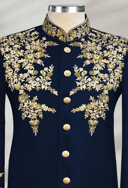 Blue Bandhgala with Floral Embroidery