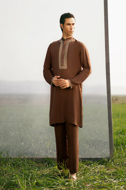 Brown Kurta with Collar Embroidered