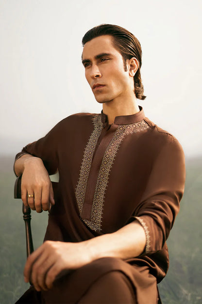 Brown Kurta with Collar Embroidered