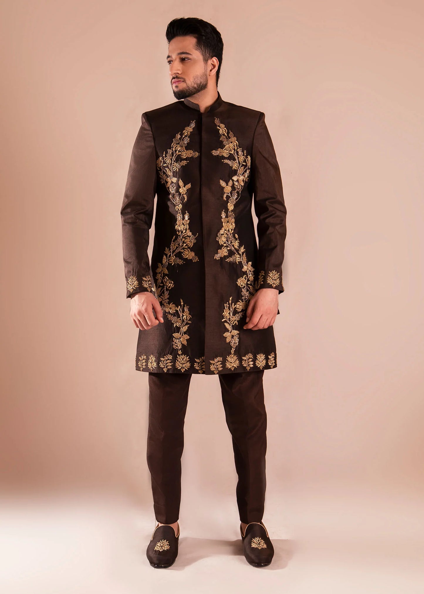 Brown Raw Silk Sherwani with Gold Embroidery | Elegant Wedding Sherwani for Men