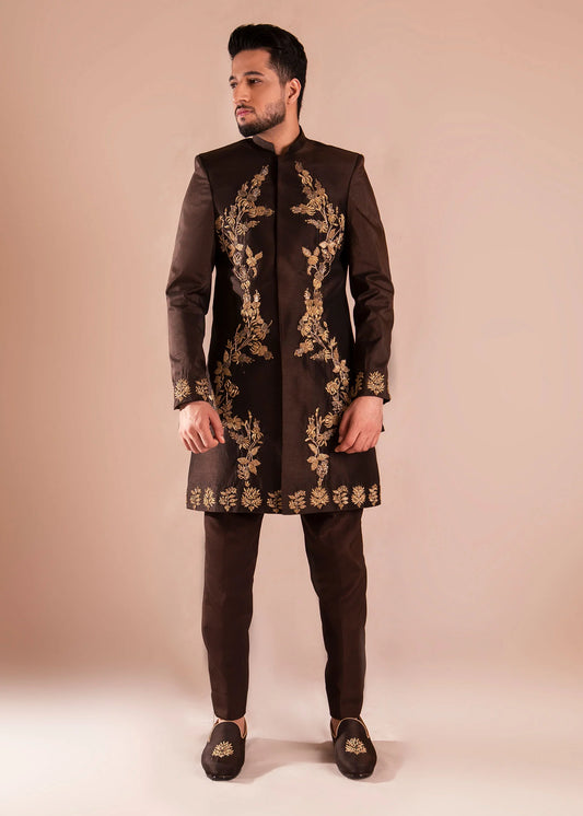Brown Raw Silk Sherwani with Gold Embroidery | Elegant Wedding Sherwani for Men