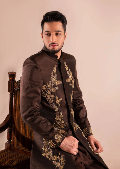 Brown Raw Silk Sherwani with Gold Embroidery | Elegant Wedding Sherwani for Men