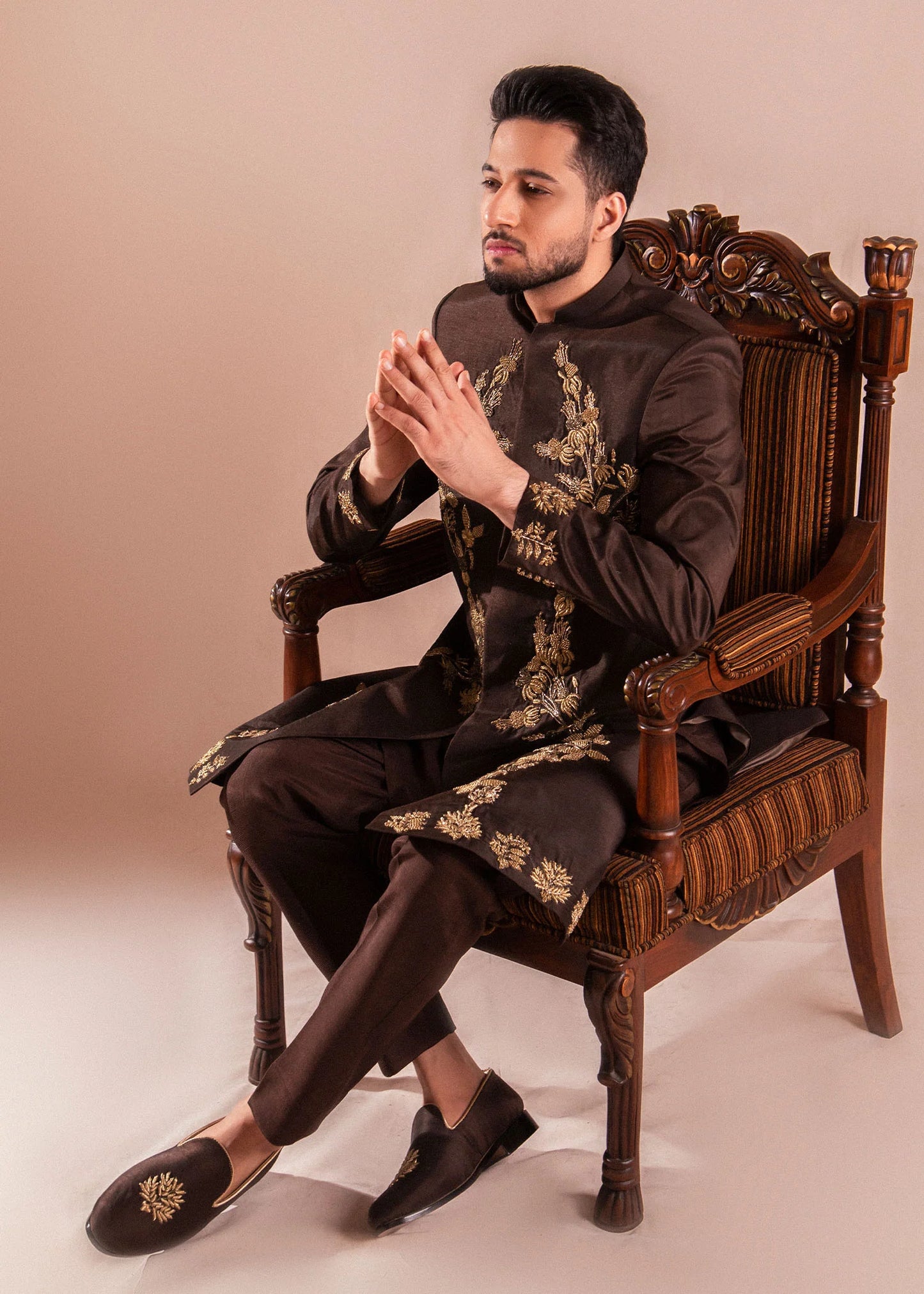 Brown Raw Silk Sherwani with Gold Embroidery | Elegant Wedding Sherwani for Men