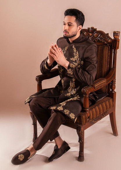 Brown Raw Silk Sherwani with Gold Embroidery | Elegant Wedding Sherwani for Men