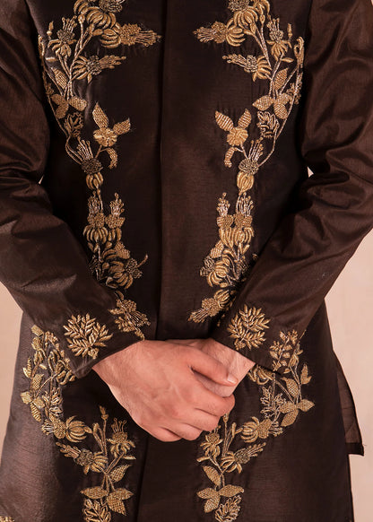 Brown Raw Silk Sherwani with Gold Embroidery | Elegant Wedding Sherwani for Men