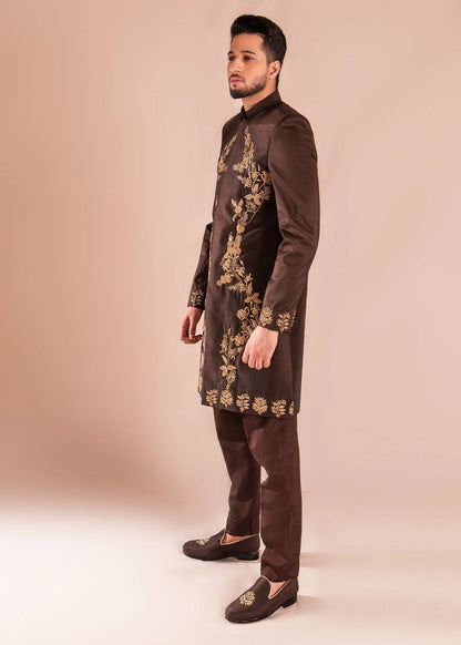 Brown Raw Silk Sherwani with Gold Embroidery | Elegant Wedding Sherwani for Men
