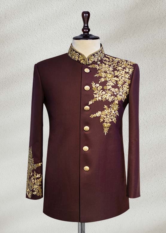 Royal Burgundy Embroidered Bandhgala Jodhpuri for Men | Designer Wedding & Reception Wear