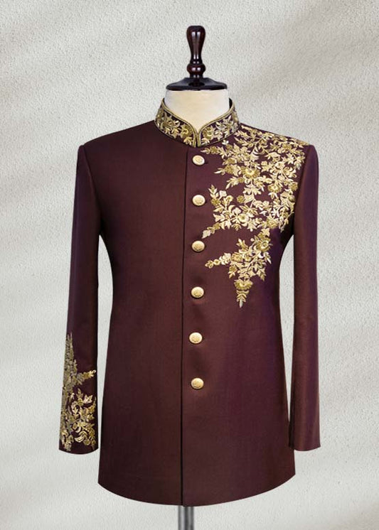 Royal Burgundy Embroidered Bandhgala Jodhpuri for Men | Designer Wedding & Reception Wear