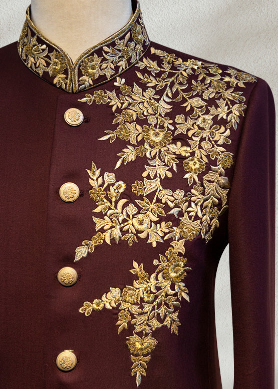 Royal Burgundy Embroidered Bandhgala Jodhpuri for Men | Designer Wedding & Reception Wear