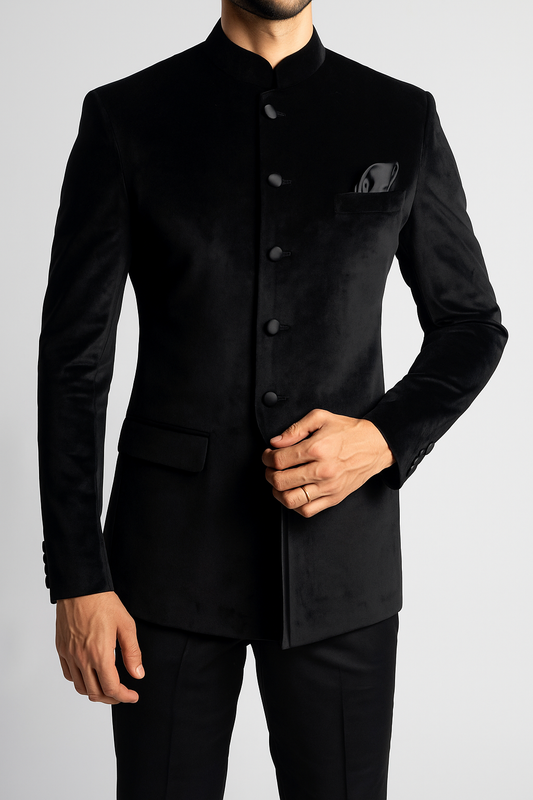 Black Suede Velvet Bandhgala
