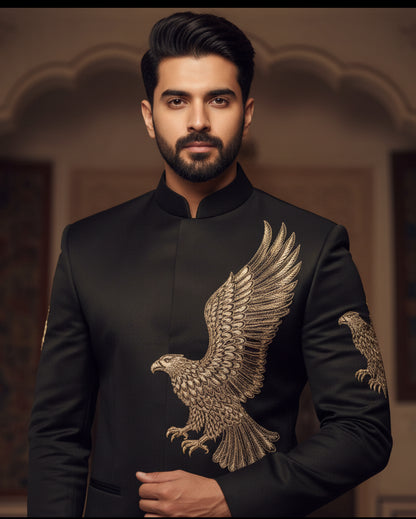 Luxury Black Bandhgala Bandhgala with Golden Eagle Embroidery – Regal Indian Ethnic Wear