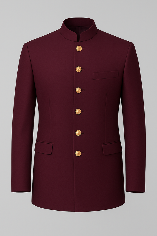 Regal Maroon Bandhgala with Gold Buttons – Premium Wedding & Festive Wear
