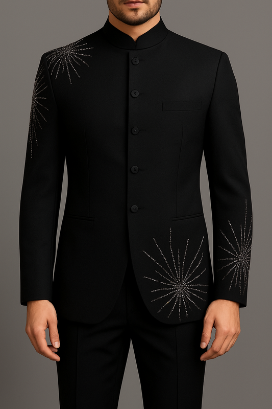 Black Bandhgala with Crystal Embroidery – Designer Men’s Wedding & Party Wear Jacket