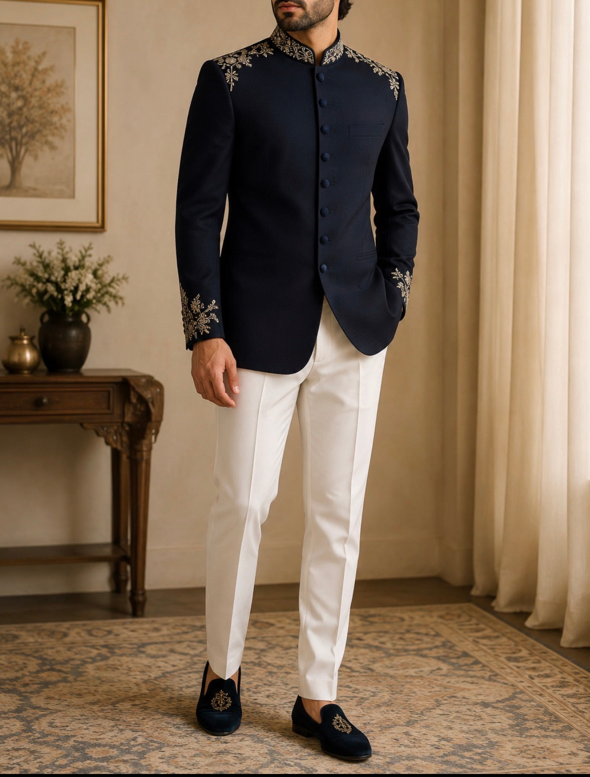 Luxury Dark Navy Blue Embroidered Bandhgala Set for Men with White Trousers | Premium Wedding & Reception Indo Western | Ihtifal