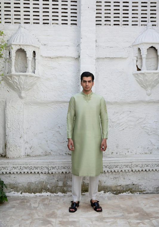 Cleadon Green Kurta with Collar and Sleeve Embroidered