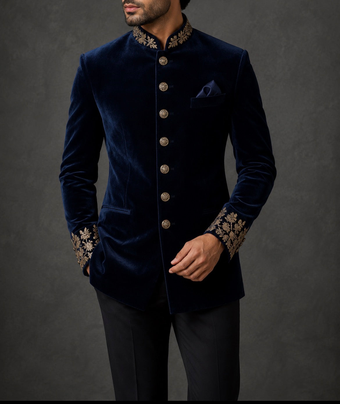 Royal Navy Blue Velvet Bandhgala for Men with Hand Embroidered Collar & Cuff Detailing | Premium Wedding & Reception Wear
