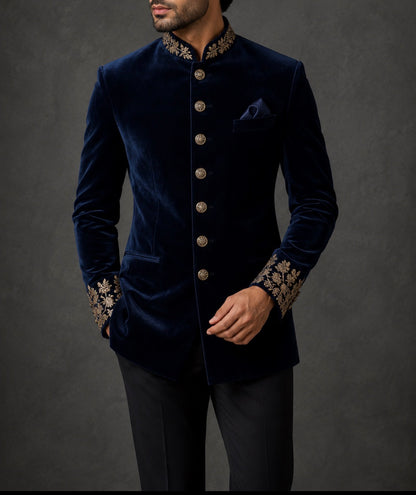 Royal Navy Blue Velvet Bandhgala for Men with Hand Embroidered Collar & Cuff Detailing | Premium Wedding & Reception Wear