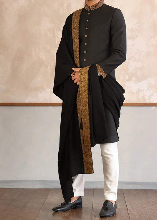 Classic Black Sherwani with Collar Embroidered