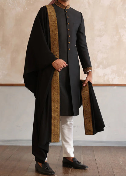 Classic Black Sherwani with Collar Embroidered