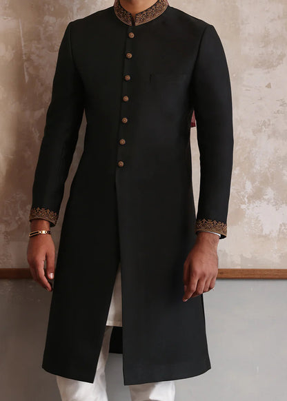 Classic Black Sherwani with Collar Embroidered
