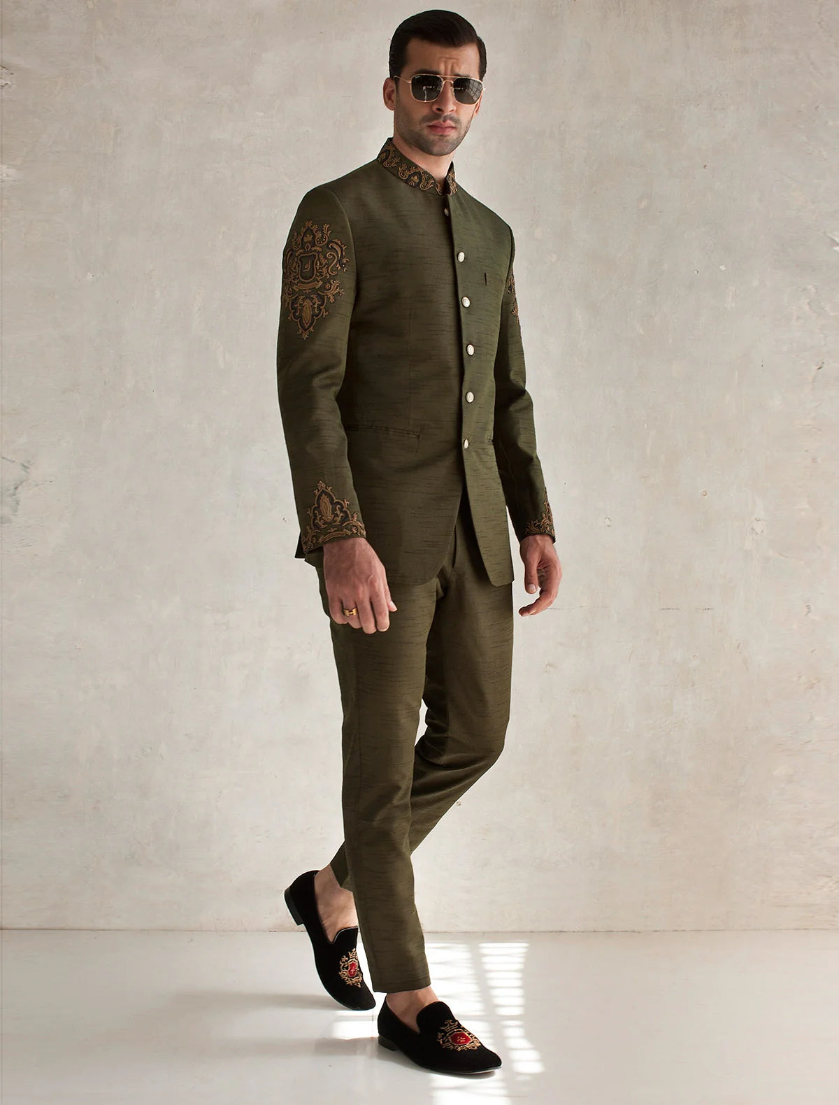 Olive Green Bandhgala with Embroidery
