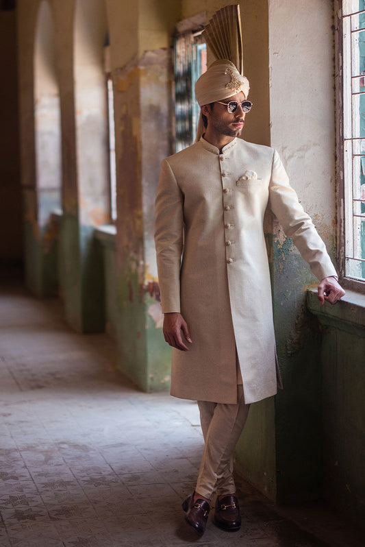 Classic Beige Sherwani with Collar Embroidered