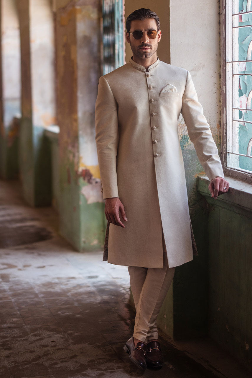 Classic Beige Sherwani with Collar Embroidered