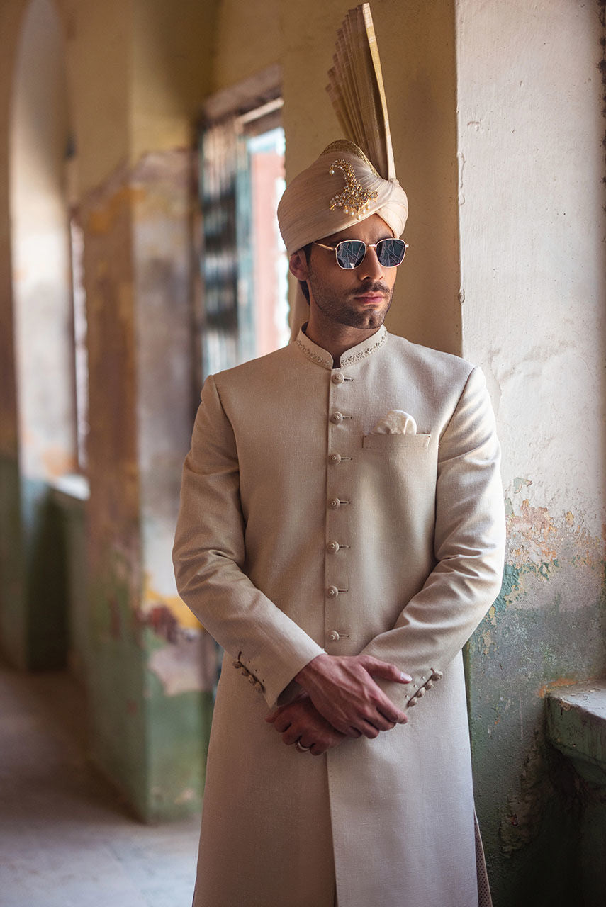 Classic Beige Sherwani with Collar Embroidered