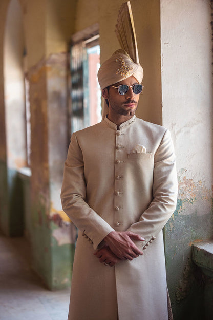 Classic Beige Sherwani with Collar Embroidered