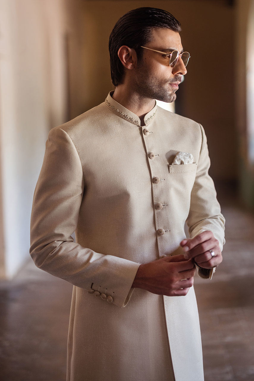 Classic Beige Sherwani with Collar Embroidered