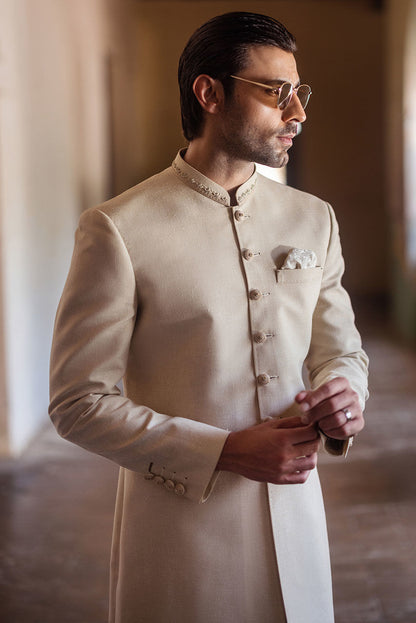Classic Beige Sherwani with Collar Embroidered