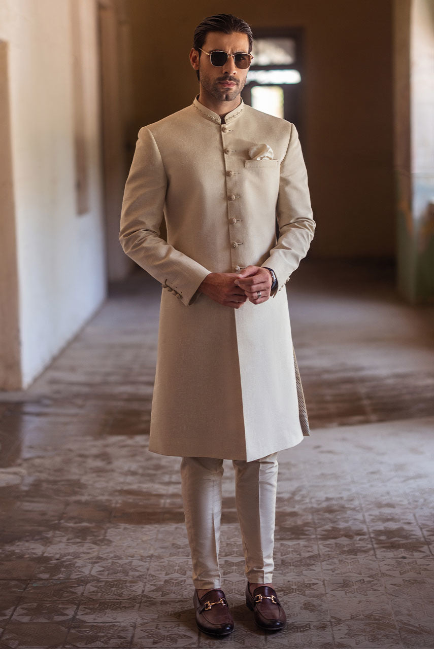 Classic Beige Sherwani with Collar Embroidered