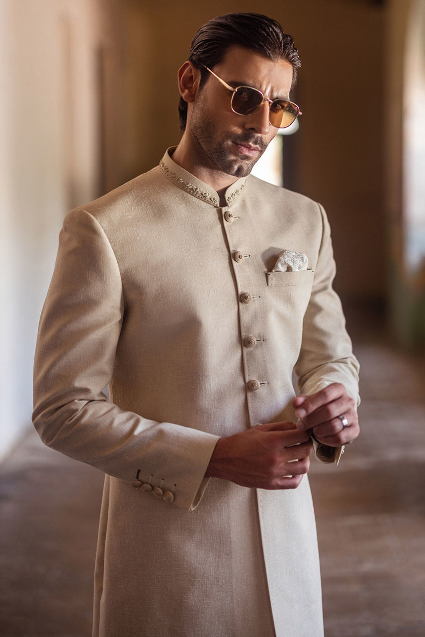 Classic Beige Sherwani with Collar Embroidered