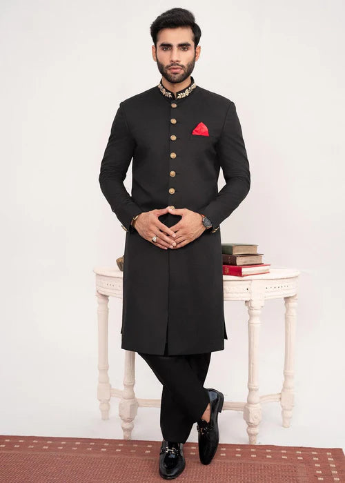 Classic Black Collar Embroidered Sherwani