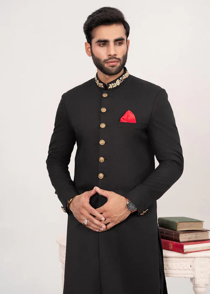 Classic Black Collar Embroidered Sherwani