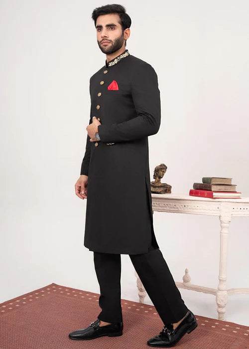 Classic Black Collar Embroidered Sherwani