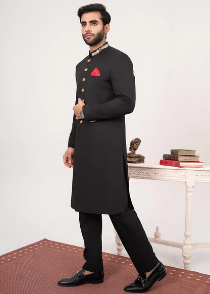 Classic Black Collar Embroidered Sherwani